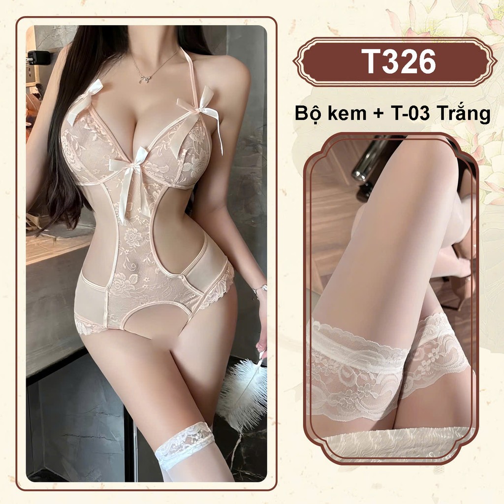 Desire Store, Bodysuit ren - Váy Ngủ liền thân Hoa Xuyên Thấu Hở Sườn Thắt Nơ Sexy T326 - Bộ kem + Tất T-03 trắng image 20 of 20