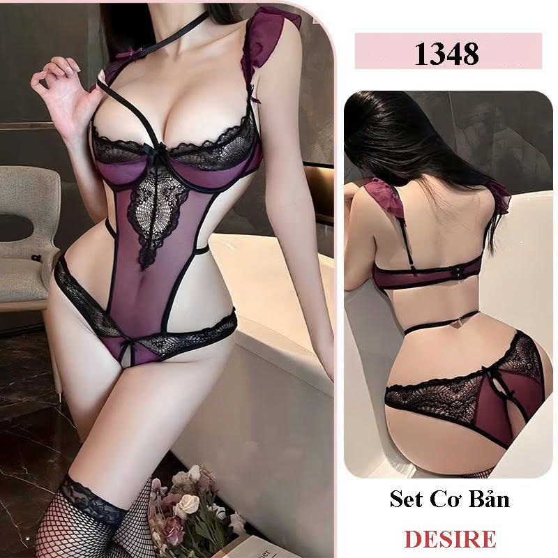 Desire Store, Bodysuit Lót Ren Xuyên Thấu Quyến Rũ - Đồ Lót Sexy Liền Thân Phối Lưới Cao Cấp DESIRE 1348 (Alluring Sheer Lace Bodysuit – Premium Sexy Mesh One-Piece Lingerie DESIRE 1348) - Set Cơ Bản Tím image 9 of 12