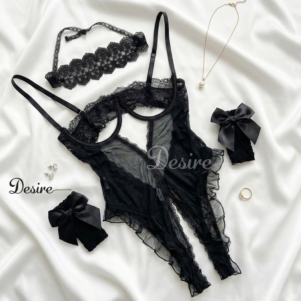 Desire Store, Bộ váy ngủ liền thân Bodysuit ren có gọng DESIRE VN-8914 - Váy Đen + Tất T-012 + Bịt mắt W23, L(53-63kg) image 17 of 18