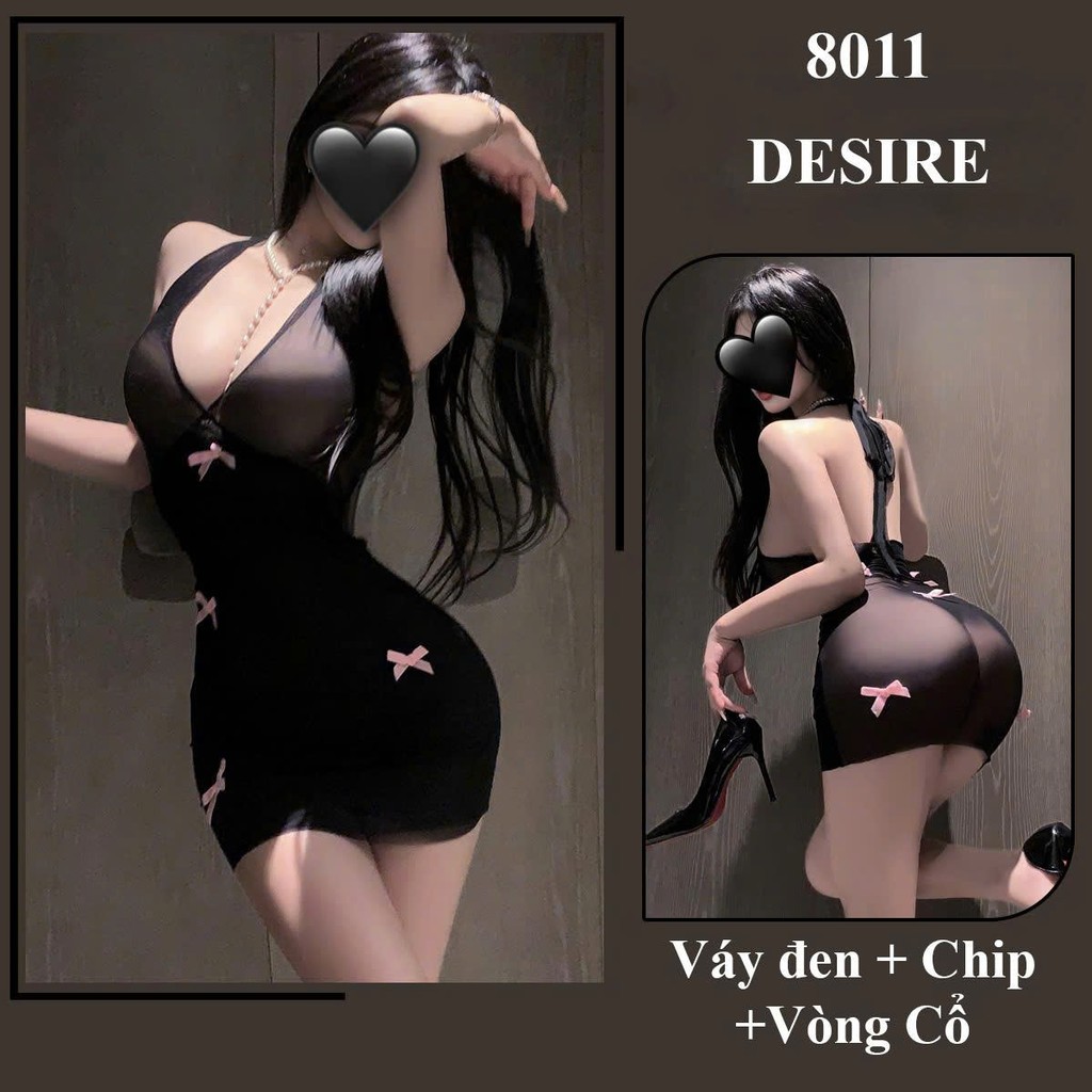 Desire Store, Váy ngủ cổ yếm phối ren - Đầm body sexy gợi cảm DESIRE 8011 (Lace-trimmed halter-neck nightdress – DESIRE 8011 sexy bodycon dress) - Đen image 9 of 11