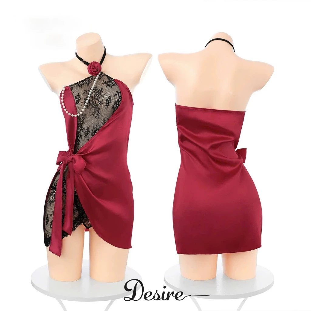 Desire Store, Váy Ngủ Sexy Cổ Yếm Đỏ Quyến Rũ - Đầm Ngủ Đính Hoa Hồng Phối Ren Sang Trọng DESIRE ZY181 - Váy đỏ image 10 of 11