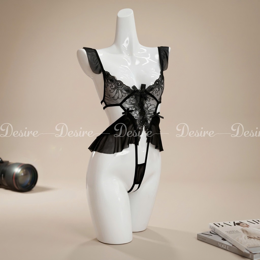 Desire Store, Bộ váy ngủ liền thân Bodysuit chất ren tay áo cánh tiên quần hở đáy sexy gợi cảm VN-8640 image 9 of 13