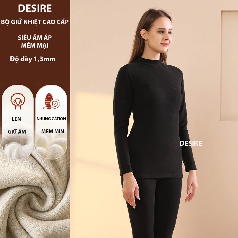 Desire Store, Đồ bộ giữ nhiệt nữ giới mùa đông siêu nhẹ ấm áp vải Nhung lót Len Cashmere không đường viền AGN-002 - Màu đen dày cổ cao, 3XL (70-80 KG) image 20 of 23