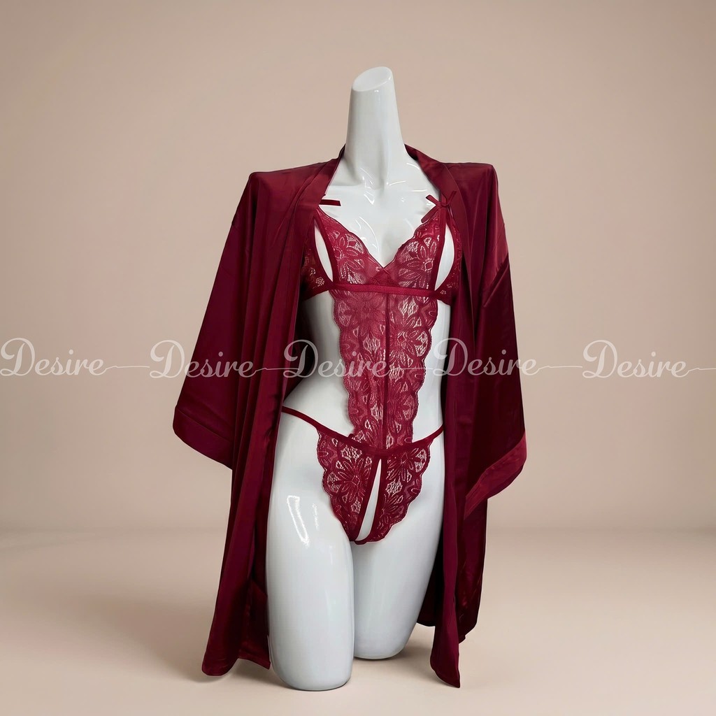 Desire Store, Set đồ lót liền thân ren xẻ đáy và Áo choàng lụa set lót ren gợi cảm sexy VN-8458-1 - Nguyên set đỏ, M image 17 of 22