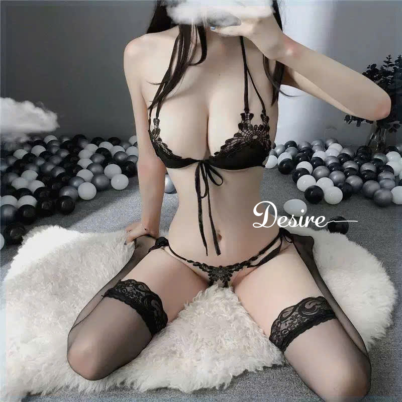 Desire Store, Bộ đồ lót ren cột dây ren xuyên thấu phong cách nữ tính quyến rũ DESIRE VN-2056 - Đen, +không Tất image 9 of 10