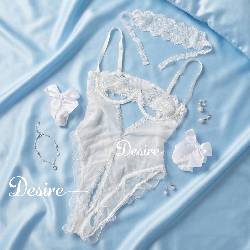 Desire Store, Bodysuit Ren Sexy Có Gọng Phối Lưới Xuyên Thấu - Váy ngủ liền thân quyến rũ DESIRE VN-8914-1 - Váy Trắng + Tất  T-012 +W23, L (53-62kg) image 18 of 18