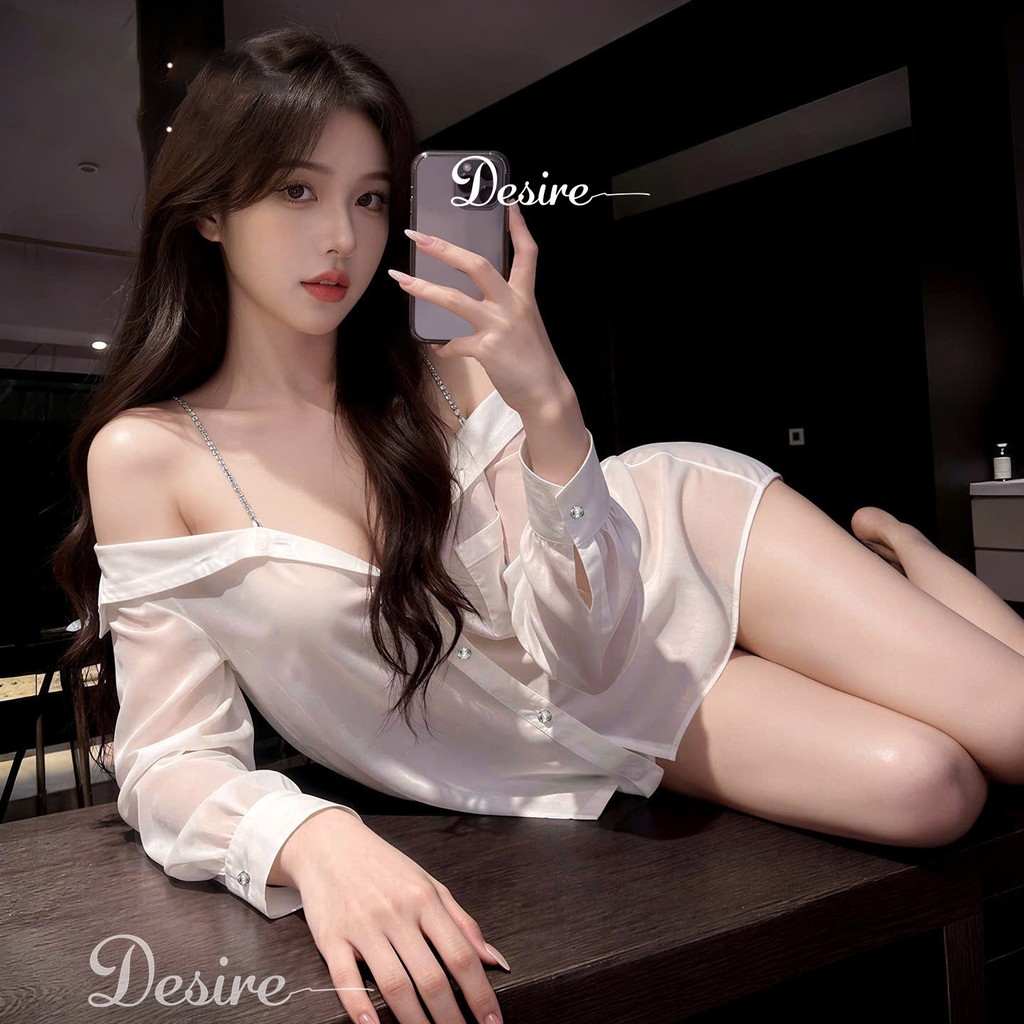 Desire Store, Áo sơ mi ngủ vải voan trễ vai kèm quần chip gợi cảm sexy Desire VN-8476 - Trắng, M (40-53kg) image 12 of 14