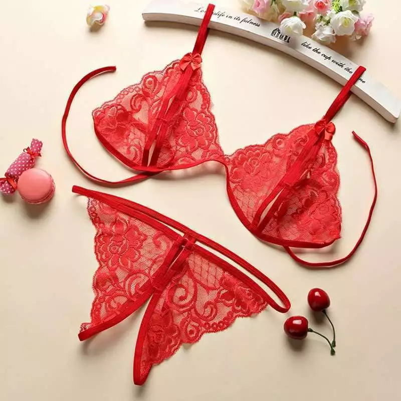 Desire Store, Bộ đồ lót ren xẻ đáy và áo choàng voan set lót ren gợi cảm sexy VN-023 - Nội y đỏ image 12 of 15