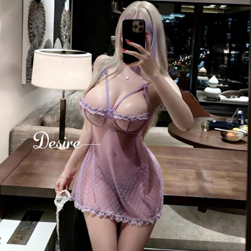 Desire Store, 9949 Váy ngủ ren xuyên thấu màu Tím ngực phối bèo hoa kèm quần chip sexy DESIRE image 8 of 11