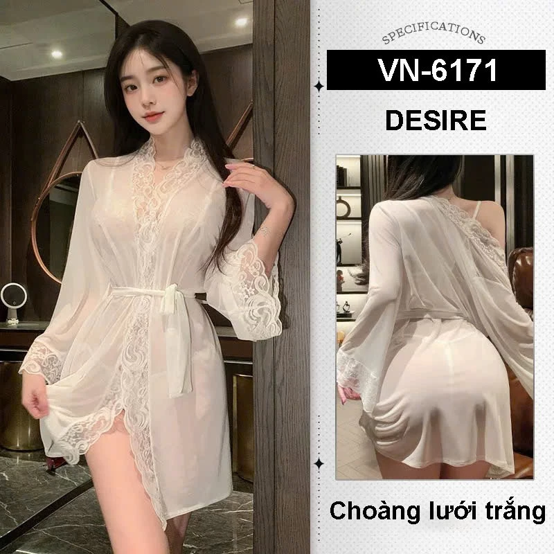 Desire Store, Áo choàng ngủ ren lưới xuyên thấu phong cách sang chảnh DESIRE VN-6171 - Choàng Lưới Trắng image 11 of 15