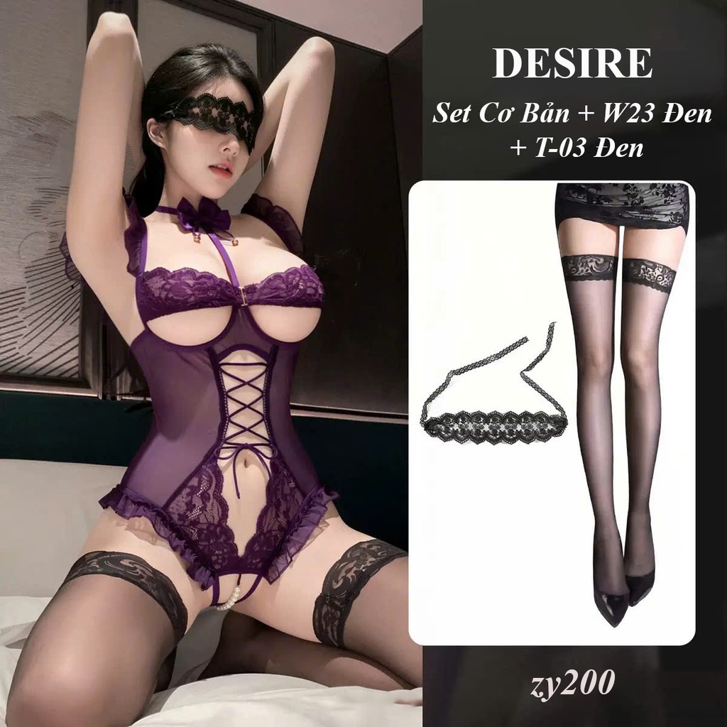 Desire Store, ZY200 Bodysuit Ren Voan Xuyên Thấu Cột Dây Cổ Hở Lưng Gợi Cảm - Đồ Ngủ Lingerie Sexy Nữ DESIRE - Set Tím + W23 Đen + T-03 Đen image 16 of 16