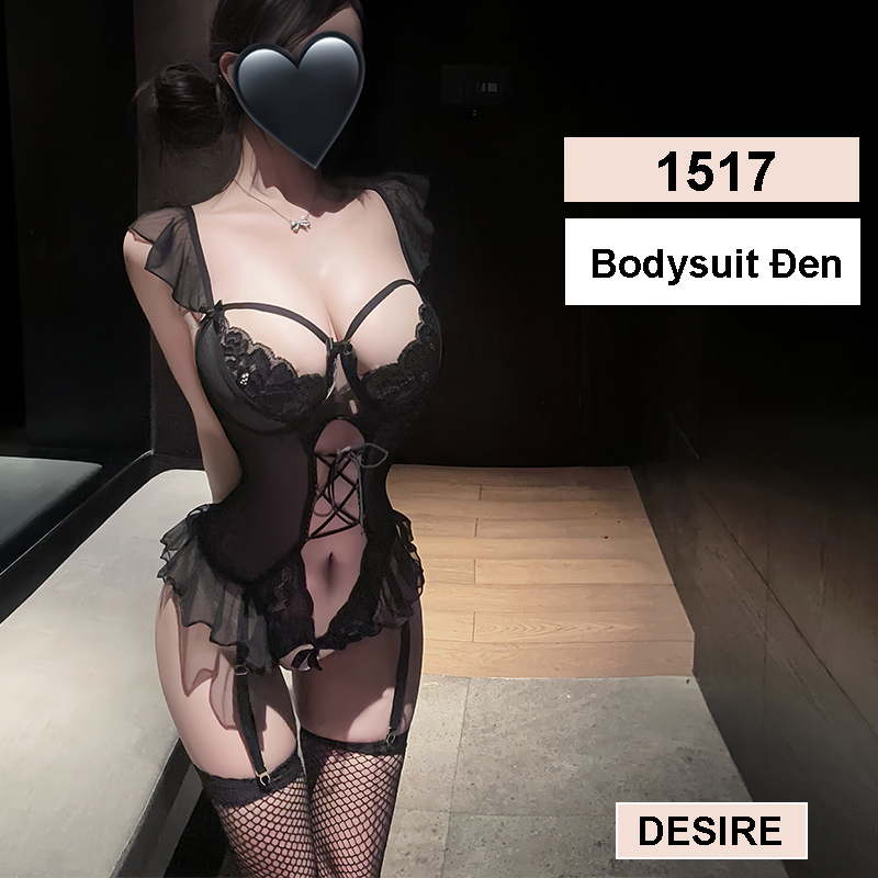 Desire Store, 1517 Bodysuit ren liền thân xẻ đáy đính ngọc trai xuyên thấu cao cấp DESIRE - Đen ko tất image 13 of 18