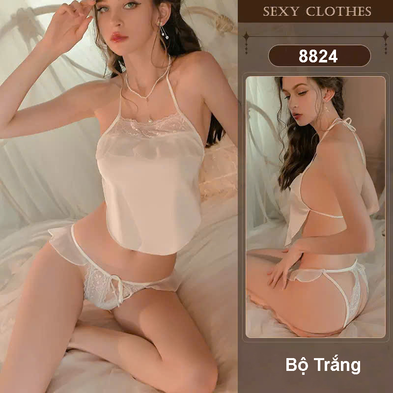 Desire Store, Bồ đồ ngủ yếm lụa phối ren cột dây sexy gợi cảm Hàng loại 1 DESIRE VN-8824 - Bộ Trắng, M image 15 of 16