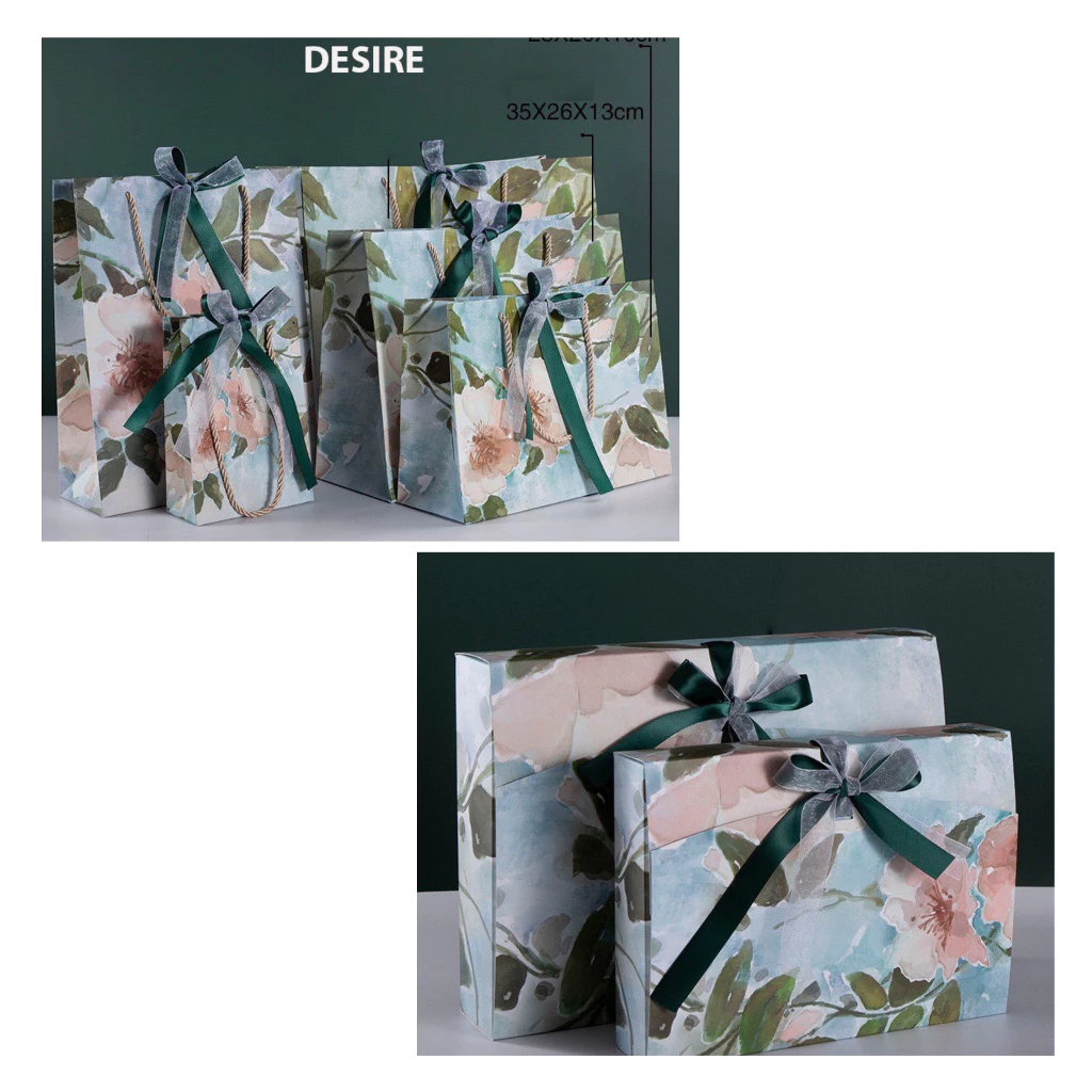 Desire Store, Túi giấy đựng quà sang trọng hoạ tiết tranh sơn dầu XANH LÁ hình chữ nhật hộp quà thắt nơ lụa túi quà TQ-02 - Combo Túi + Hộp, 35 x 26 x 13 CM image 10 of 10