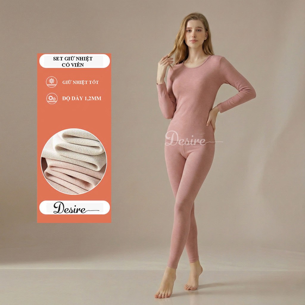 Desire Store, Đồ bộ giữ nhiệt nữ giới mùa đông siêu nhẹ ấm áp vải Nhung lót Len Cashmere không đường viền AGN-002 - Màu hồng nhạt có viền, 3XL (70-80 KG) image 17 of 23