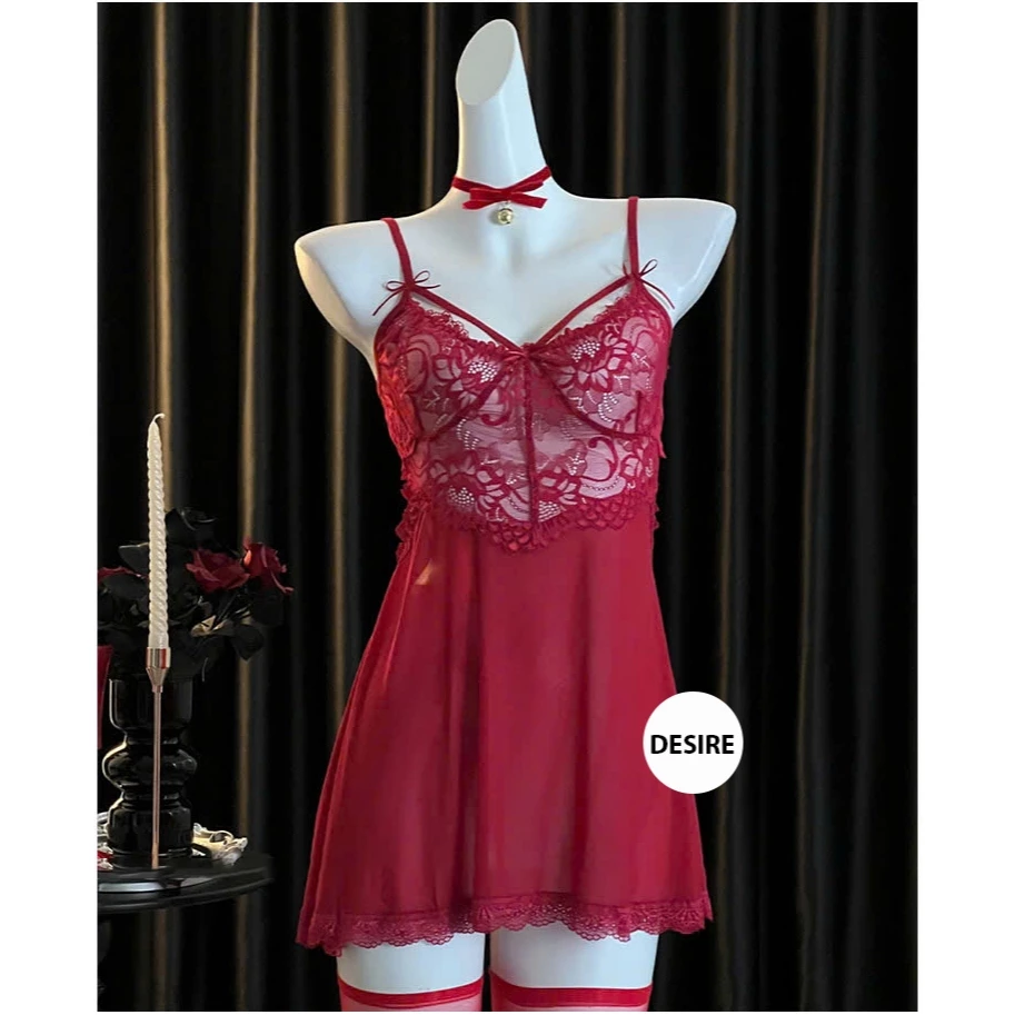 Desire Store, Váy ngủ ren xuyên thấu cut out lưng sexy kèm quần chip ren VN-8449 - Váy đỏ + chip, L (54-65kg) image 13 of 17