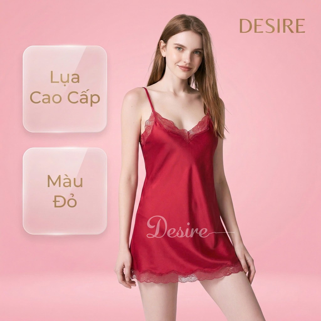 Desire Store, Váy ngủ lụa Đầm ngủ hai dây lụa kèm chip phối ren gợi cảm sexy VN-169 - Váy Đỏ, M image 12 of 30