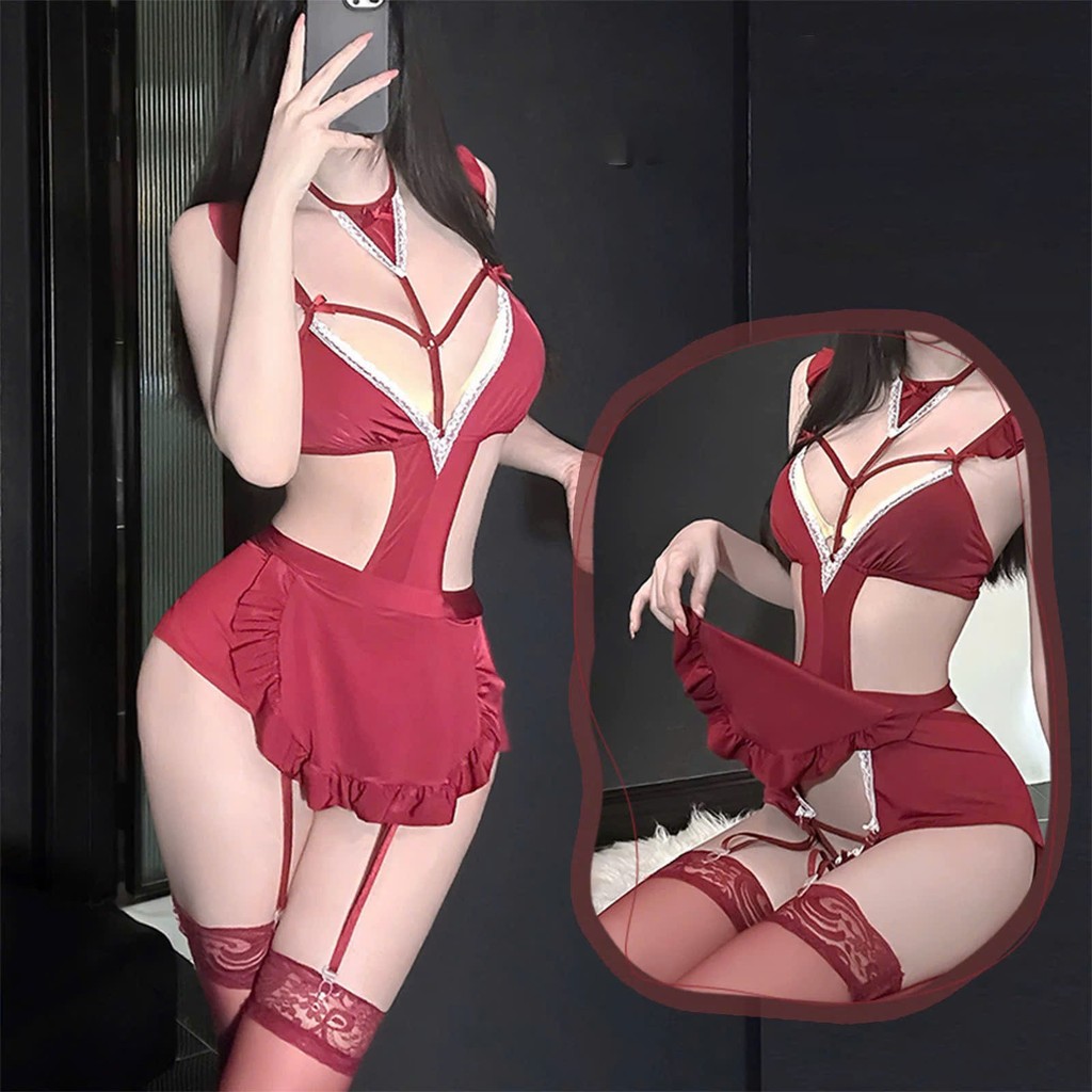 Desire Store, Bodysuit Đỏ Phối Ren - Bộ Đồ Ngủ Liền Thân Quyến Rũ Có Dây Kẹp Tất Phong Cách Sexy Girl DESIRE VN-1272 image 8 of 13