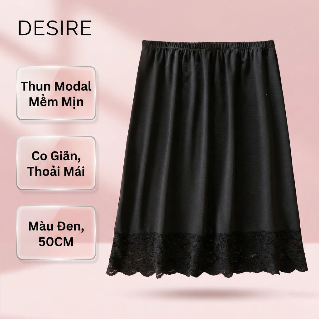 Desire Store, Chân Váy lót thun modal  (gỗ sồi) dáng xòe rộng thoải mái - Chân váy mặc lót thun mịn mát Desire VN-064 - Đen 50cm viền ren, XL 61-75kg image 19 of 40