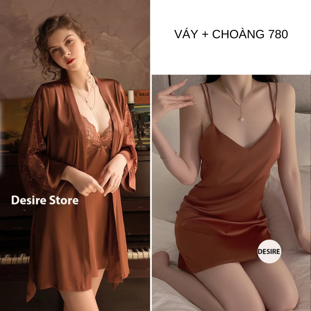 Desire Store, Set Váy ngủ lụa hai dây chéo lưng gợi cảm váy ngủ lụa chất mềm mịn VN-1320 - Váy + Choàng Cam, L image 13 of 16
