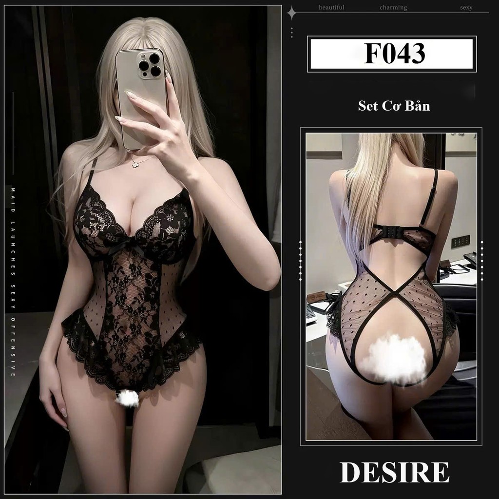 Desire Store, F043 Bodysuit ren đen cúp ngực phối lưới hoa sexy DESIRE - Set Cơ Bản image 10 of 15