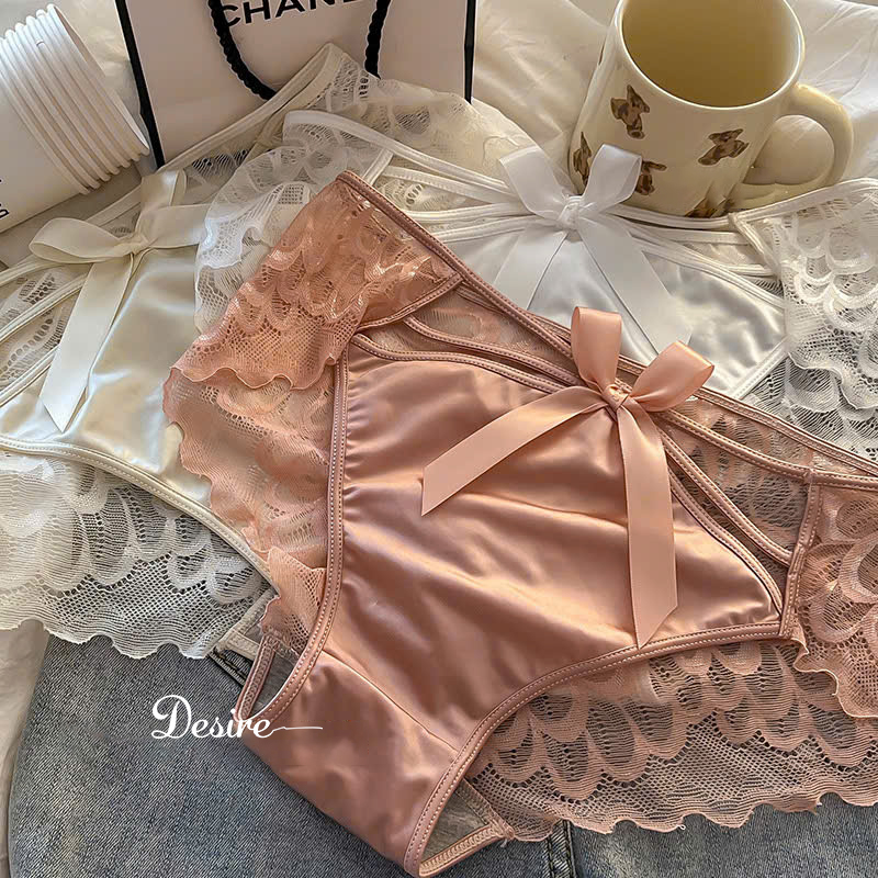 Desire Store, Quần Lót Nữ Lụa Phi Bóng Phối Ren Sườn Cạp Cao Đính Nơ Satin Quyến Rũ image 2 of 9