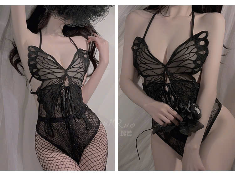 Desire Store, BODYSUIT REN CÁNH BƯỚM ĐAN DÂY BỤNG RED WINE - DESIRE STORE  4009  (Red Wine Lace Butterfly Bodysuit with Lace-Up Waist - DESIRE STORE  VN-4009) image 2 of 7