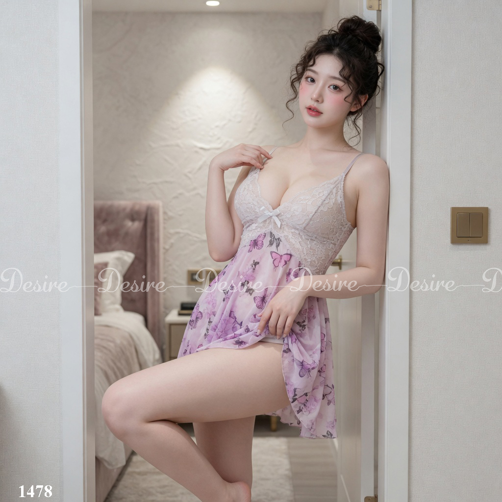 Desire Store, Váy ngủ hai dây lưới phối ren hoạ tiết cánh bướm nữ tính gợi cảm kèm quần lót DESIRE 1478 (Women's romantic mesh and lace camisole nightdress with butterfly motifs, including matching panties DESIRE 1478) image 4 of 16