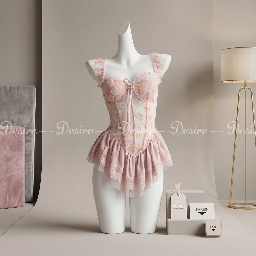 Desire Store, Váy ngủ tiểu thư - Đầm ngủ hoa nhí hai dây corset cúp ngưc kèm chip và đai sexy, gợi cảm DESIRE 1208 image 8 of 14