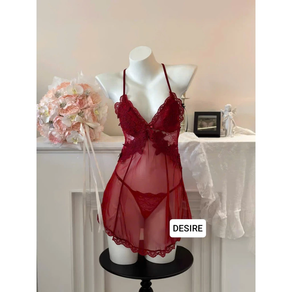 Desire Store, Váy Ngủ Ren Phối Hoa Xuyên Thấu Sexy Cao Cấp Kèm Quần Chip DESIRE VN-1899 - Đỏ, XL image 15 of 17