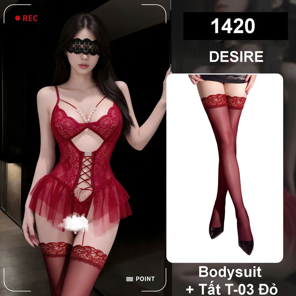Desire Store, Bodysuit Ren - Váy Ngủ Sexy Xuyên Thấu Đính Ngọc Cao Cấp, Thiết Kế Đan Dây DESIRE 1420 - Váy đỏ + Tất T-003 image 13 of 18