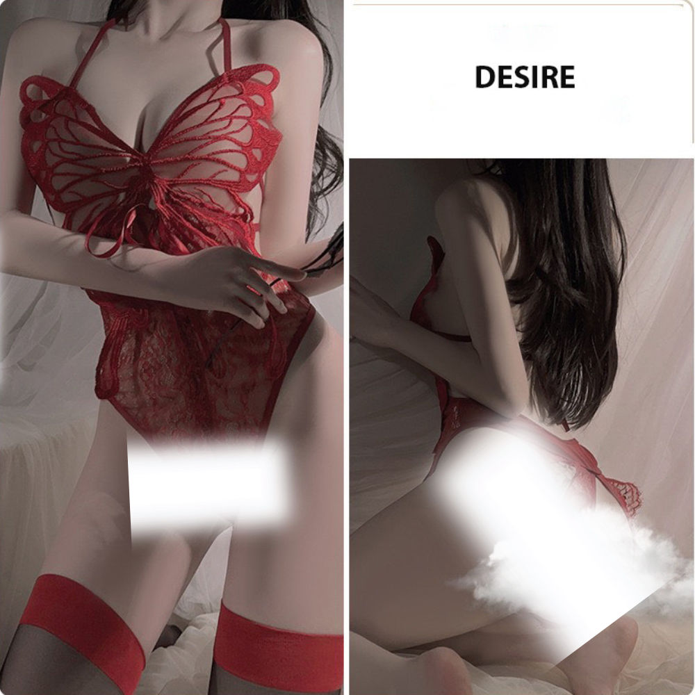 Desire Store, ✨ BODYSUIT REN CÁNH BƯỚM ĐAN DÂY BỤNG RED WINE - DESIRE STORE ✨ VN-4009  (✨ Red Wine Lace Butterfly Bodysuit with Lace-Up Waist - DESIRE STORE ✨ VN-4009) image 10 of 13