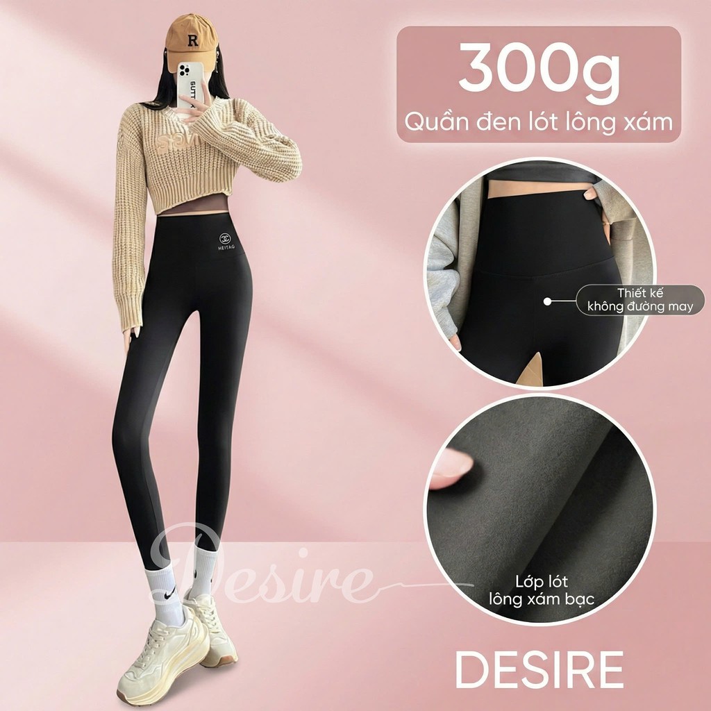 Desire Store, Quần legging cạp cap giữ nhiệt lót nỉ bông dày phong cách năng động thể thao Heitag Cá mập QGN-9113 - Đen Lót lông Xám, M(40-48kg) image 13 of 14