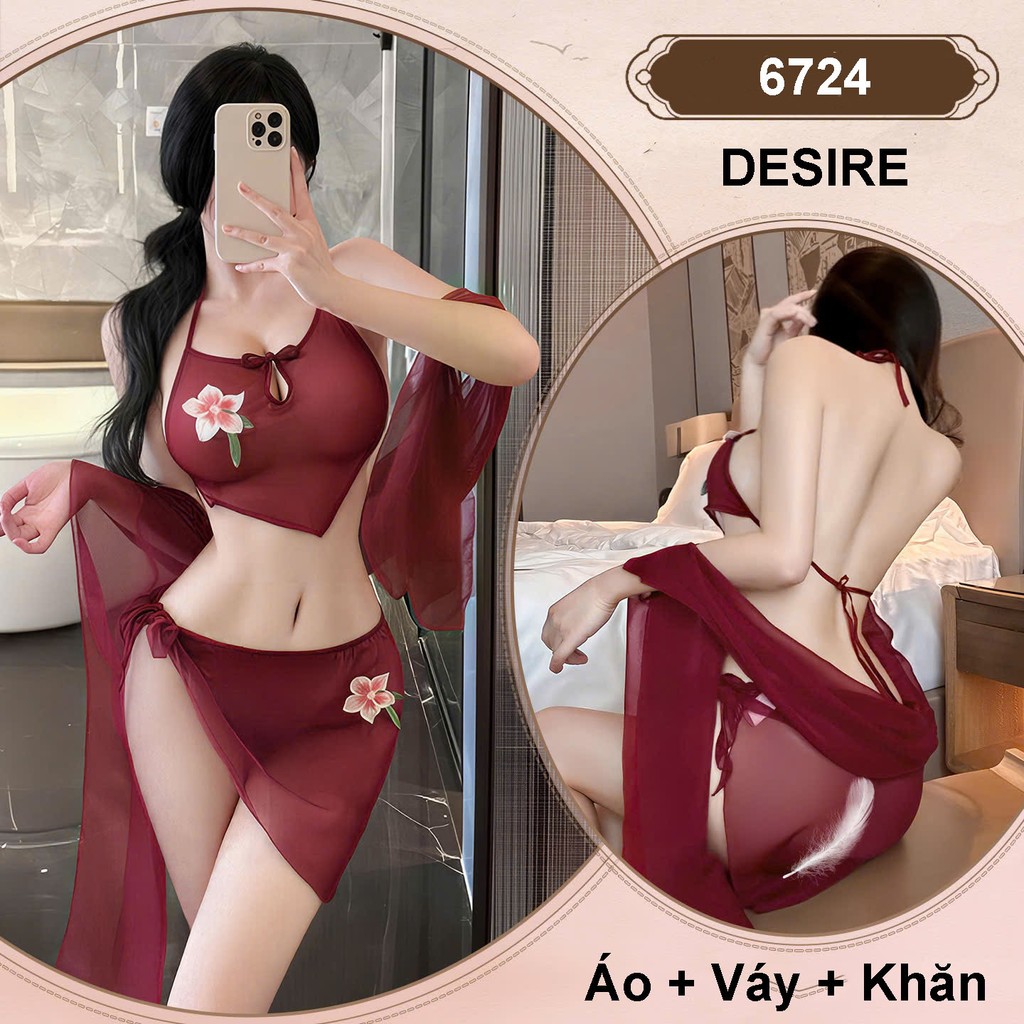 Desire Store, Set Váy Ngủ Yếm Thêu Hoa 3 Món Chất Voan - Đồ Ngủ Sexy Cách Tân Xuyên Thấu DESIRE VN-6724 - Set 3 món Đỏ image 12 of 12