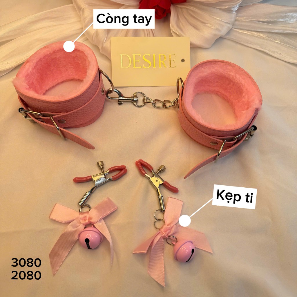 Desire Store,  Combo Set Phụ Kiện Cosplay Còng Tay Da Lót Lông Và Kẹp Ti Chuông Nơ Hồng Quyến Rũ DESIRE  (DESIRE Fur-Lined Leather Handcuffs & Pink Bow/Bell Nipple Clamps Cosplay Accessory Set) - Combo Hồng (Kẹp Ti-3080 + Còng Tay-2080) image 3 of 4