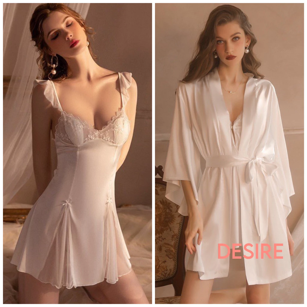 Desire Store, Váy ngủ nữ lụa hai dây cánh tiên phong cách sexy gợi cảm chất mềm mịn DESIRE VN-214 - Váy + choàng trắng, M image 9 of 12