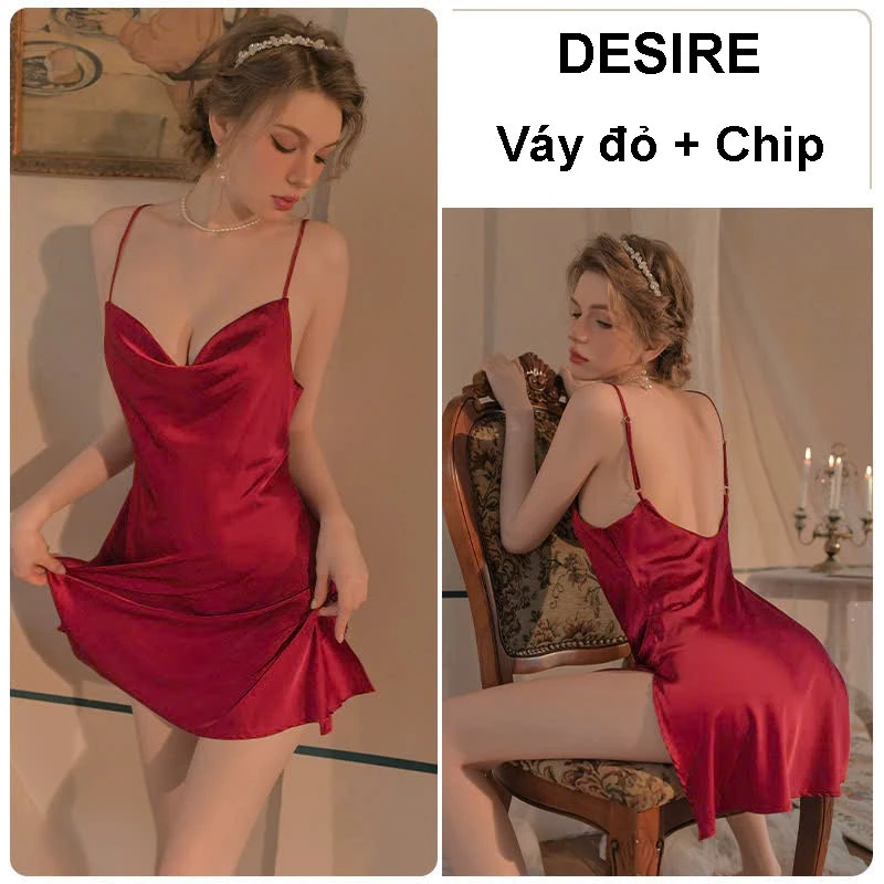 Desire Store, Váy ngủ lụa satin cao cấp -  Váy ngủ hai dây thiết kế cổ đổ hở lưng tôn dáng sexy DESIRE 1910 - Váy đỏ+Chip, L image 11 of 18