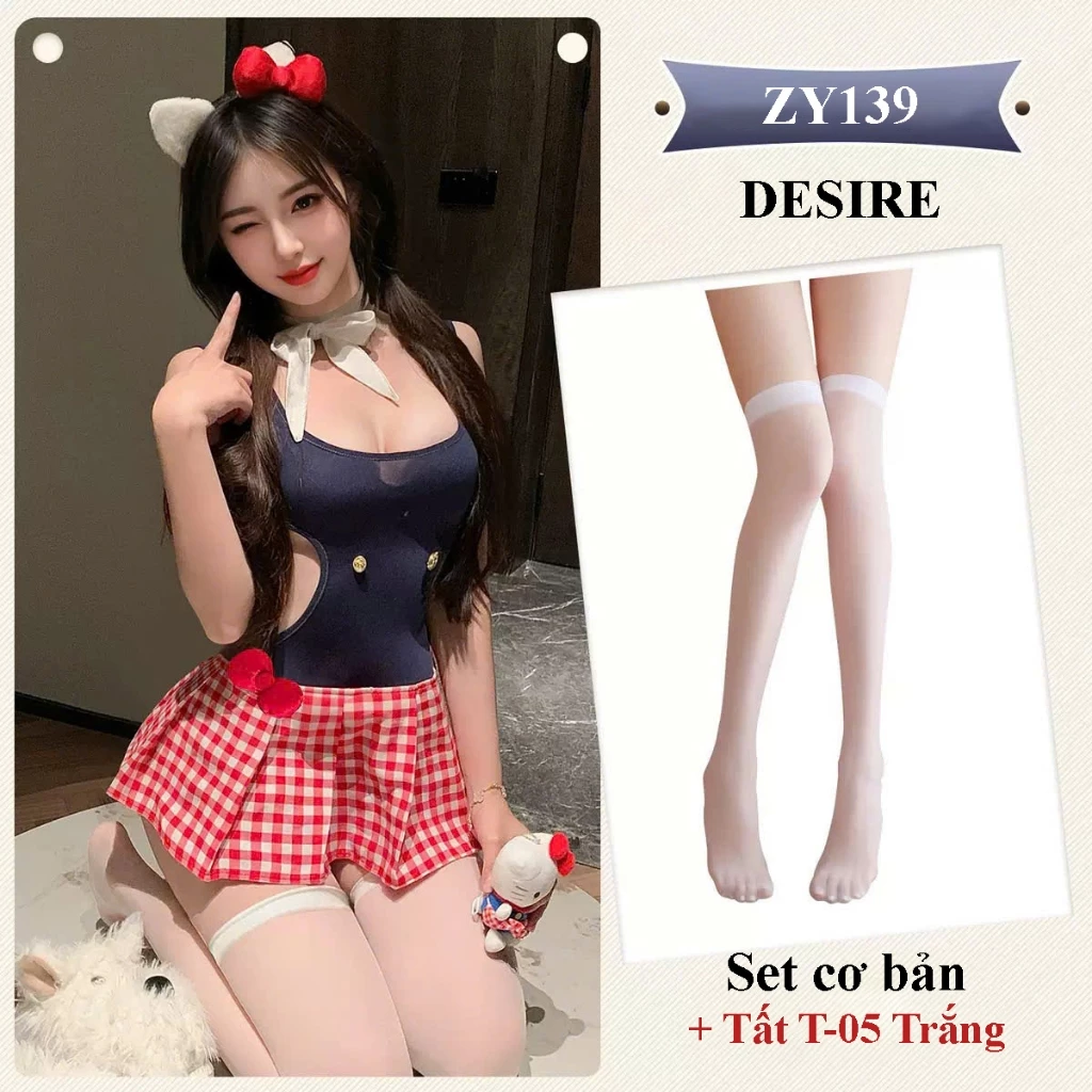 Desire Store, Váy ngủ Cosplay Hello Kitty - Set váy ngủ nữ sinh phối nơ đỏ kèm tai mèo đáng yêu, quyến rũ DESIRE ZY139 - Set + Tất T-05 Trắng image 12 of 12