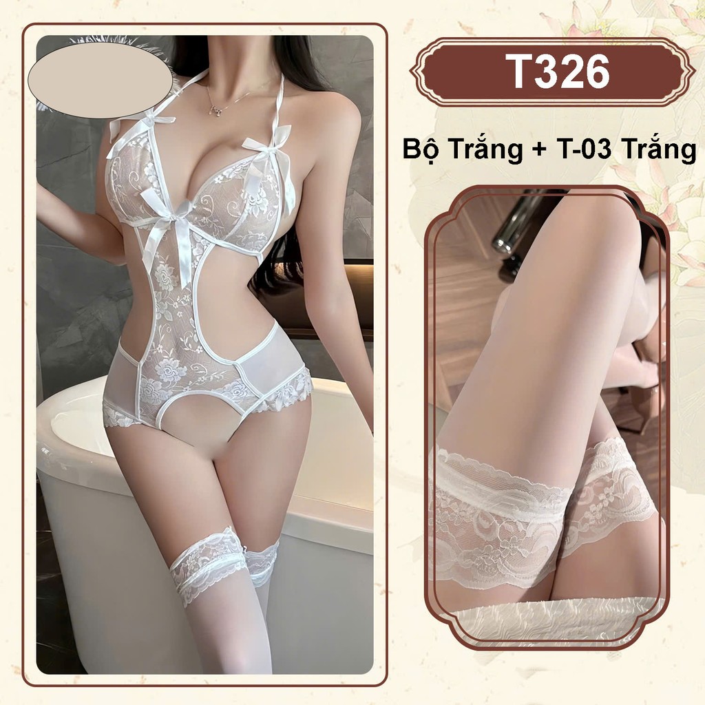 Desire Store, Bodysuit ren - Váy Ngủ liền thân Hoa Xuyên Thấu Hở Sườn Thắt Nơ Sexy T326 - Bộ trắng + Tất T-03 Trắng image 19 of 20