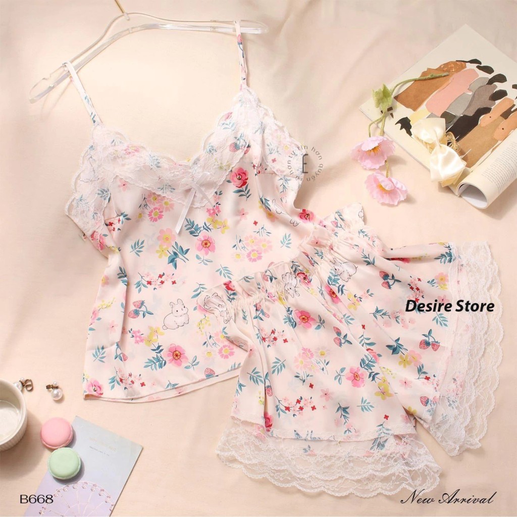 Desire Store, Đồ bộ lụa satin hai dây hoạ tiết hoa mát mịn mùa hè DBN-0026 - Hoa hồng thỏ, L 52-58kg image 10 of 16
