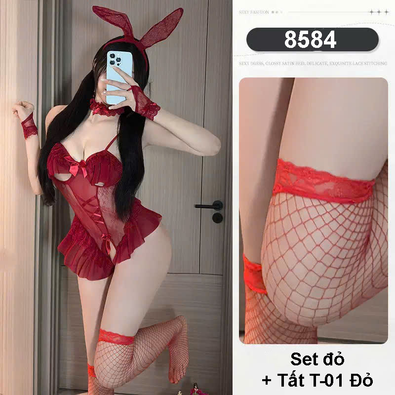 Desire Store, 8584 Bộ đồ ngủ Cosplay Cô Nàng Thỏ sexy đầy đủ phụ kiện - Bodysuit thiết kế xẻ đáy DESIRE - Đỏ+Tất T-01 image 15 of 16