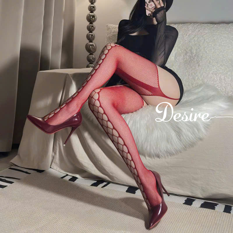 Desire Store, Tất Lưới Đỏ Liền Đai Kẹp Họa Tiết Mắt Xích Viền Thân Cao Cấp DESIRE-7324 (Premium Red Fishnet Stockings with Attached Garter Straps and Chain-Link Pattern DESIRE-7324) image 2 of 4