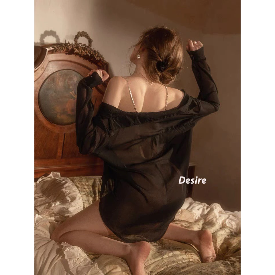 Desire Store, Áo sơ mi ngủ vải voan trễ vai kèm quần chip gợi cảm sexy Desire VN-8476 image 6 of 10