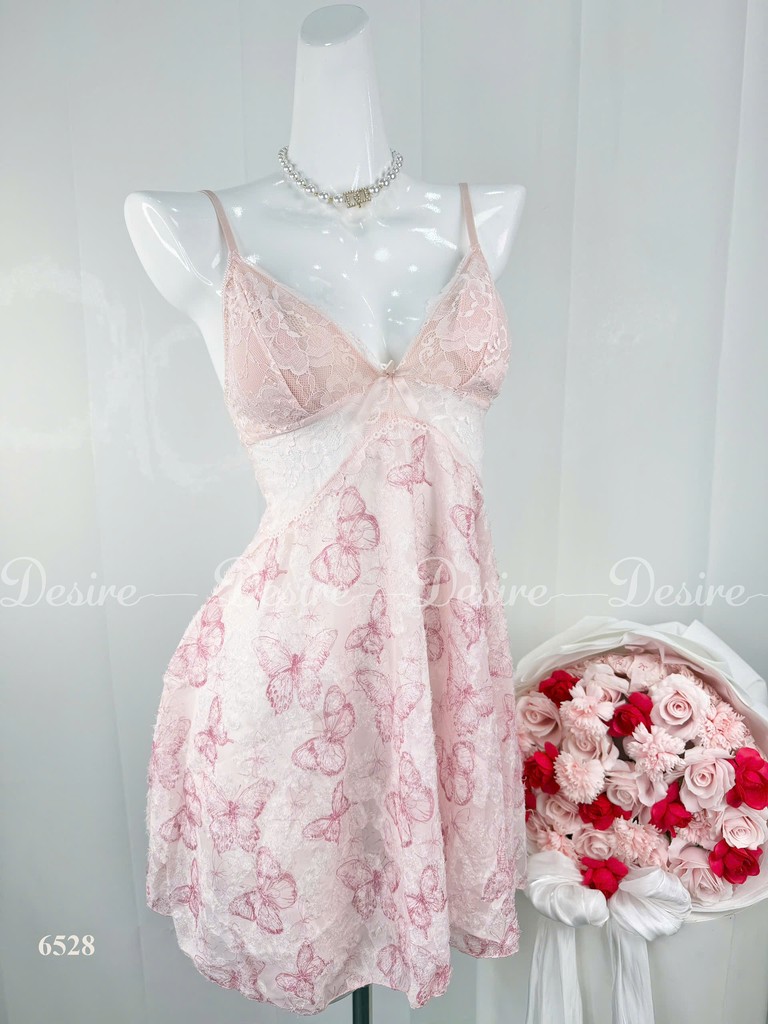 Desire Store, Váy Ngủ Hai Dây Phối Ren Cúp Ngực Họa Tiết Bươm Bướm Hồng Ngọt Ngào DESIRE-6528 (Pink Butterfly Print Lace Trim Babydoll Nightgown - Desire 6528) image 2 of 7