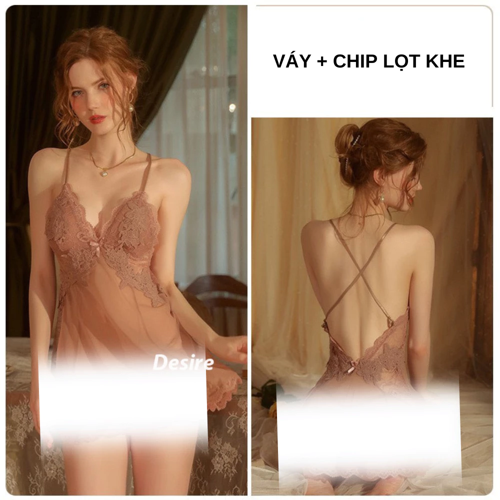 Desire Store, Váy ngủ ren phối hoa xuyên thấu sexy cao cấp kèm quần chip VN-1899 - Nâu Nude, M image 15 of 18