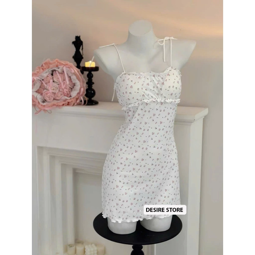 Desire Store, Váy ngủ mặc nhà thun hoa nhí cột dây vai có đệm mút ngực hàng loại 1 chính hãng GUIRUO DESIRE VN-4248 image 7 of 11