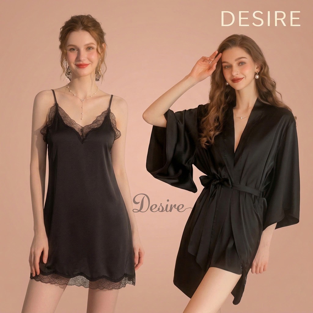 Desire Store, Váy ngủ lụa Đầm ngủ hai dây lụa kèm chip phối ren gợi cảm sexy VN-169 image 2 of 30