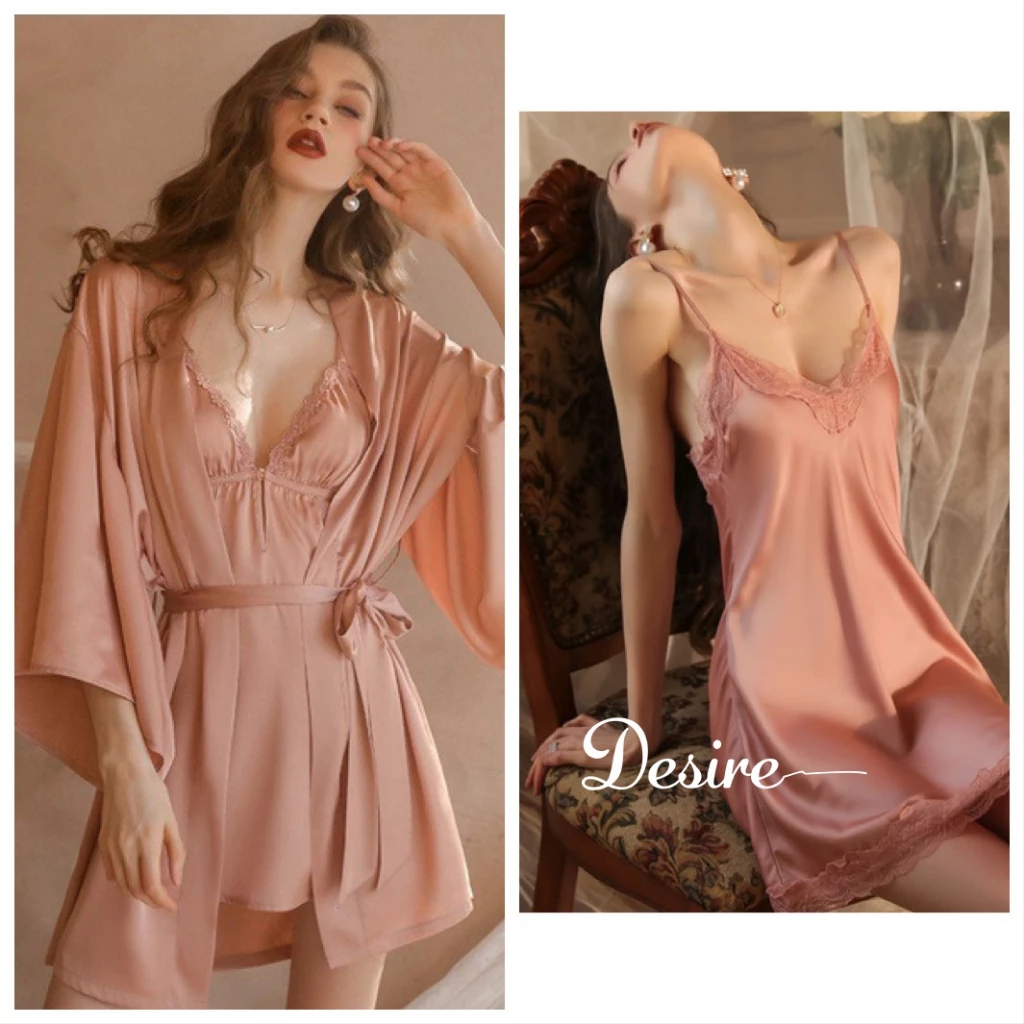 Desire Store, Váy ngủ lụa Đầm ngủ hai dây lụa kèm chip phối ren gợi cảm sexy VN-169 - Váy + choàng hồng, L image 17 of 20