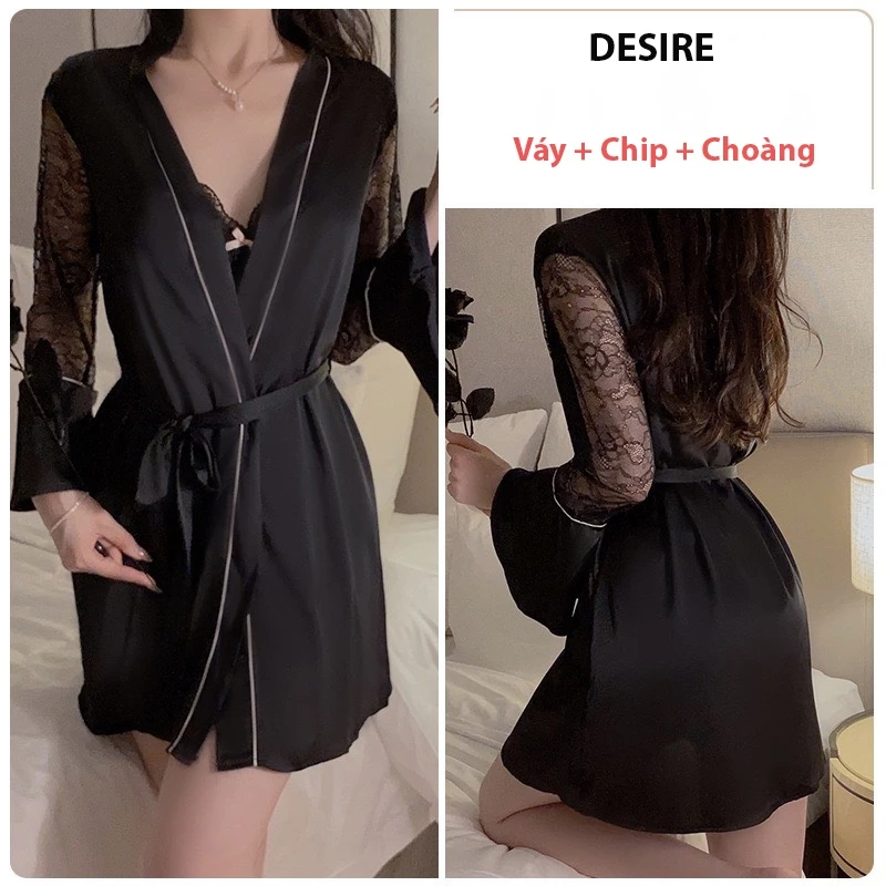 Desire Store, Váy ngủ lụa Đầm ngủ hai dây áo choàng lụa phối ren gợi cảm sexy chính hãng Guiruo QC cao cấp DESIRE VN-1170-1 - Váy + choàng đen, XL image 13 of 21