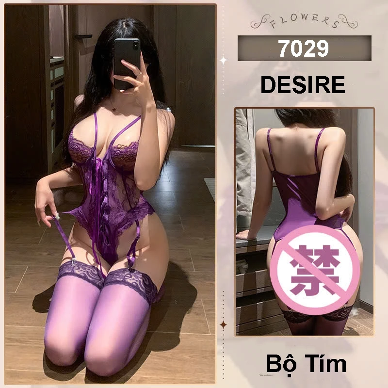 Desire Store, 7029 Bodysuit Ren - Bộ đồ ngủ liền thân có gọng ngực kèm dây đeo tất sexy DESIRE - Tím image 11 of 14